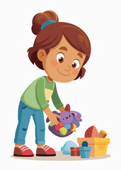 Cute little girl tidying up her toys. Adorable child organizing stuffed animals and building blocks, learning responsibility and cleanliness in a fun way.