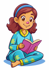 Naklejka premium Cute little girl reading a picture book in cozy night dress. Adorable child enjoying bedtime story, holding colorful illustrated book