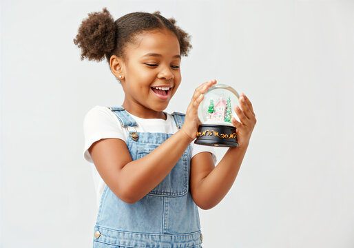 Joyful moment of a young Black girl admiring a snow globe for festive holiday inspiration