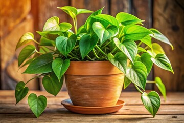 Lush golden pothos, vibrant indoor foliage, thriving in its pot. Perfect houseplant photography.