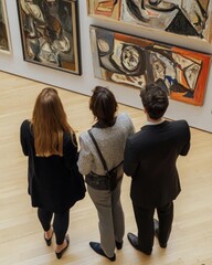 Three individuals observing abstract art in a gallery setting.