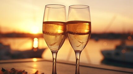 A pair of champagne glasses clinking with a romantic sunset in the background.