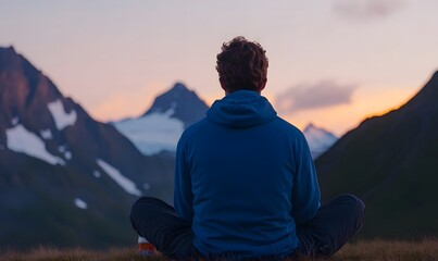 Obraz premium He is sitting on the Alpine mountains drinking coffee, Generative AI