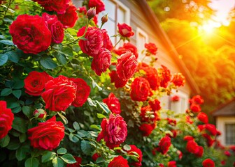 Lush, vibrant red roses bloom in a summer home garden, showcasing floral beauty.