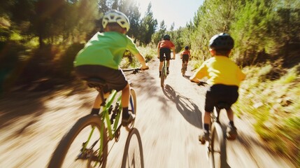 Naklejka premium Children Riding Bicycles on Dirt Trail in Sunlit Forest