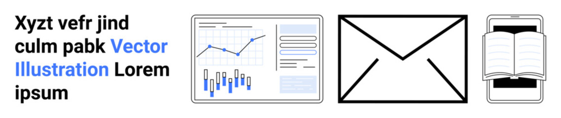 Text with blue-highlighted Vector Illustration. Computer screen displaying a line chart, bar chart, and text. Envelope icon. Open book. Ideal for business, education, communication, analysis, data