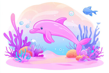 Fototapeta premium playful pink dolphin swims among colorful corals and fish