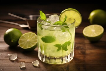 Fototapeta premium Glass of vibrant green mojito cocktail is garnished with fresh mint and lime slice