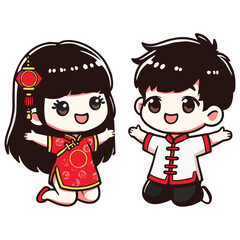 Cute boy and girl celebrate Chinese New Year. Cartoon character, illustration,