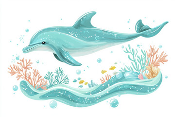 Fototapeta premium Dolphin swimming in ocean with coral and bubbles, vibrant underwater scene