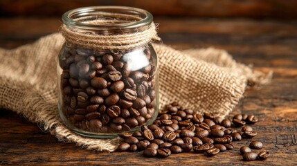 Close-up of single-origin dark roasted coffee beans in a glass jar, with a burlap cloth and natural light enhancing their deep color