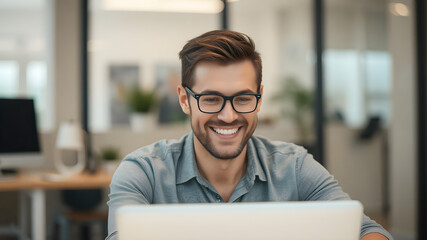 Joyful Success: A young, smiling businessman looks at his laptop with happiness and satisfaction in a modern office setting.  