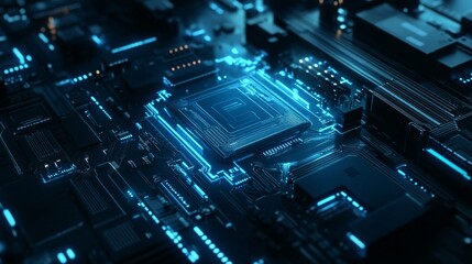 Abstract blue circuit board background with glowing elements and technology concept, high-tech digital illustration.