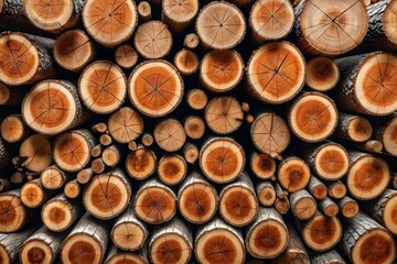 A stack of neatly arranged firewood in a forest with brown logs and visible bark, showcasing the natural texture of wood and its industrial use