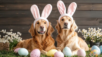 Two golden retrievers wear bunny ears surrounded by colorful Easter eggs and flowers, creating a festive and playful spring scene.