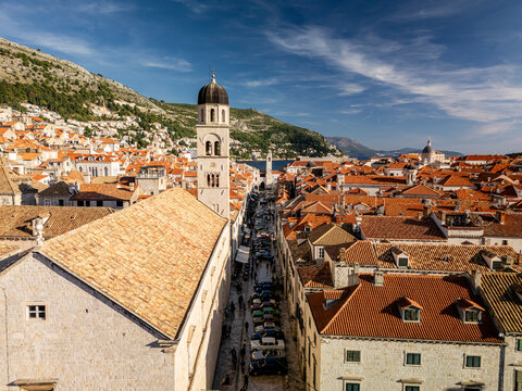 Fototapeta Aerial view of picturesque old town with vibrant rooftops and historic buildings, Dubrovnik, Croatia.