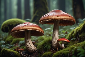 Fototapeta premium Mushrooms in the forest with a red cap surrounded by moss and grass, captured in autumn with a focus on wild fungi and natural surroundings