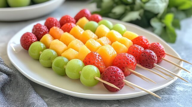 Colorful fruit kabobs with strawberries, grapes, and melon balls on fun, kid-friendly skewers, arranged on a white plate