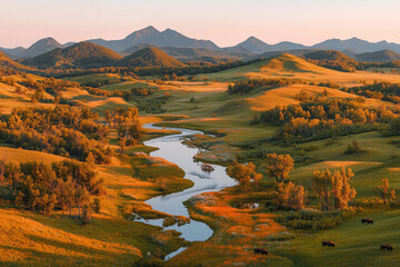 Naklejka premium A breathtaking sunset view of a national park with rolling hills, a winding river, and distant bison, showcasing the serene beauty of the landscape as the warm evening light enhances the scenery.