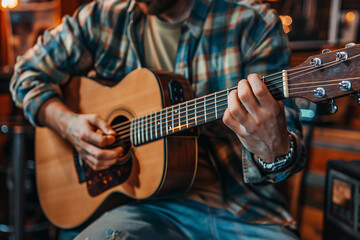 Fototapeta premium Generative AI Image of a Guitarist Performing with Acoustic Guitar