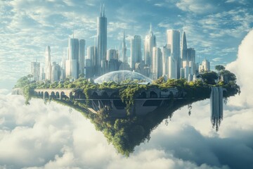 Fototapeta premium hovering green island metropolis in the clouds. modern futuristic cityscape floating in the sky. 
