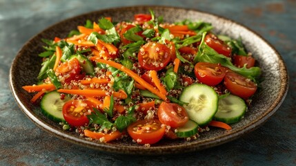 Colorful salad with quinoa, cherry tomatoes, cucumbers, and shredded carrots on a rustic plate, capturing a bright, healthful aesthetic