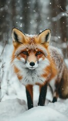 Fototapeta premium A close-up of a fox in a snowy forest, showcasing its vibrant fur and expressive eyes.