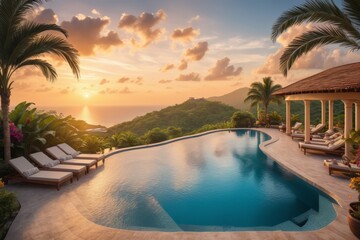 Fototapeta premium Tropical hotel swimming pool at night with palm trees and ocean view