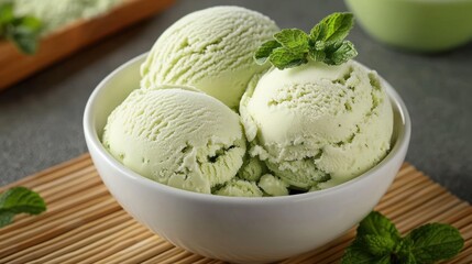 Creamy matcha green tea ice cream in a white bowl, decorated with fresh mint leaves and matcha powder on a bamboo mat