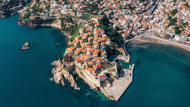 Aerial view of the historic old town of Kalaja by the beautiful sea and coast, Ulcinj, Montenegro.