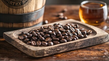 Dark, roasted coffee beans aged in a bourbon barrel, scattered on a wooden tray with the barrel and tasting notes nearby