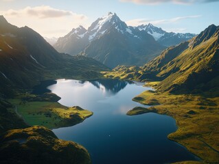 A serene mountain landscape featuring a tranquil lake surrounded by lush greenery and towering peaks under a clear sky.