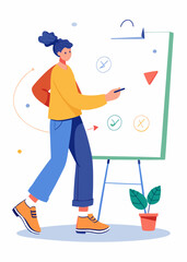 Fototapeta premium Business professional in baggy clothing creating a business concept diagram, with a large whiteboard displaying ideas, arrows connecting concepts, and visual elements for clarity. 