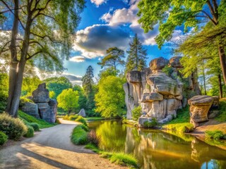 Obraz premium Parisian serenity: sun-drenched rocks in Bois de Vincennes.