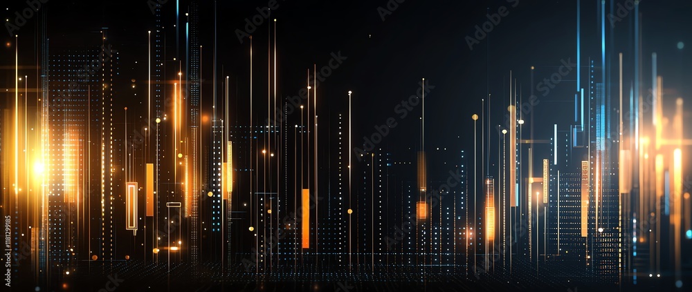 Poster an abstract digital representation of light beams and data streams, creating a futuristic and dynami