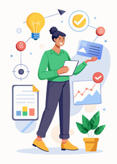 Professional in baggy attire reviewing a business innovation proposal, with documents displaying new concepts, arrows highlighting key elements, and visual trends.
