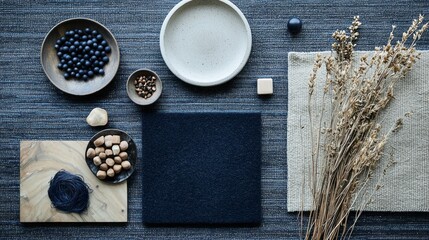 A captivating arrangement of materials showcases various shades of blue and navy, featuring textures from natural elements and timeless designs. Perfect for creative minds seeking inspiration