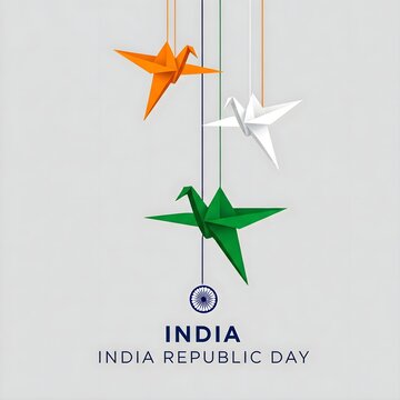 Minimalist India Republic Day Illustration with Origami Birds and Ashoka Chakra