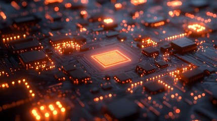 A seamless pattern of microchip textures with glowing connectors.