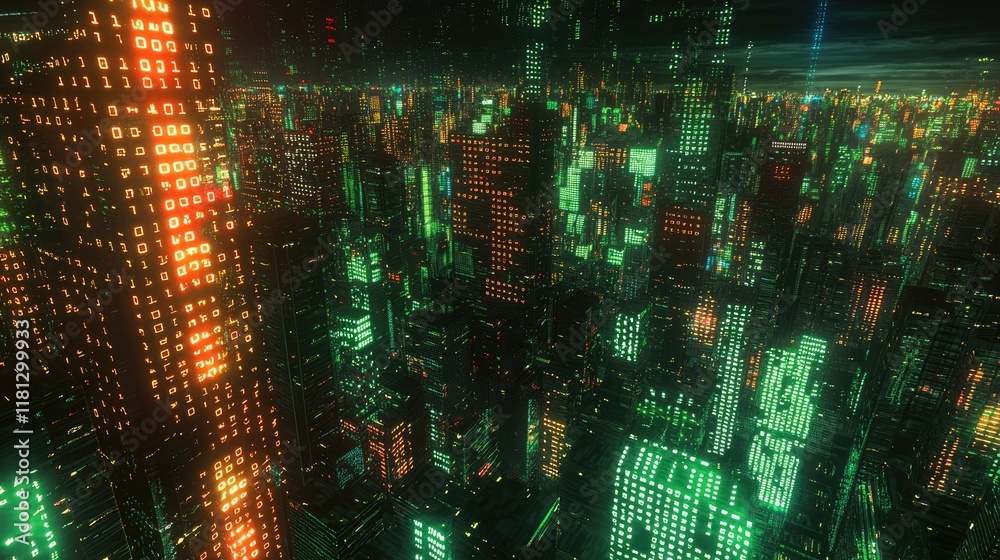 Fototapete a stunning high-tech cityscape at night illuminated by vibrant lights, featuring a digital binary co
