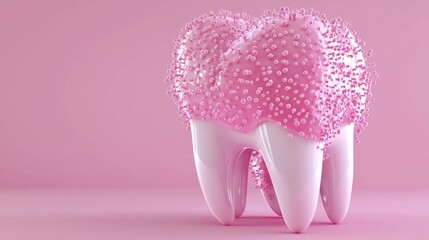 3D Rendered Tooth Model Surrounded by Pink Bacteria and Particles