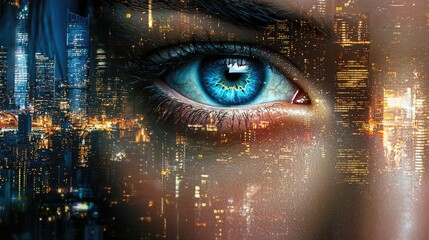 A striking close-up of a persons face showcasing luminous blue eyes reflecting a bustling cityscape, symbolizing a blend of beauty and urban life in an artistic vision.