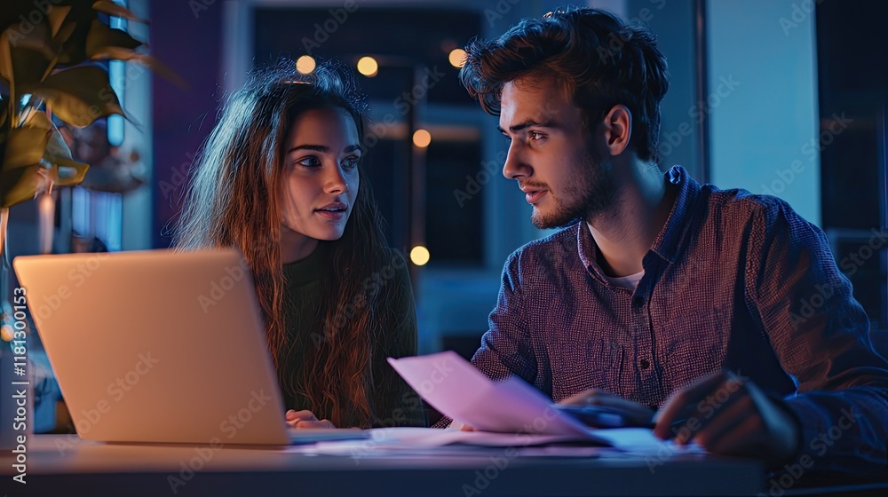 Aufkleber a young couple engages in a productive discussion over documents and a laptop in a modern workspace,