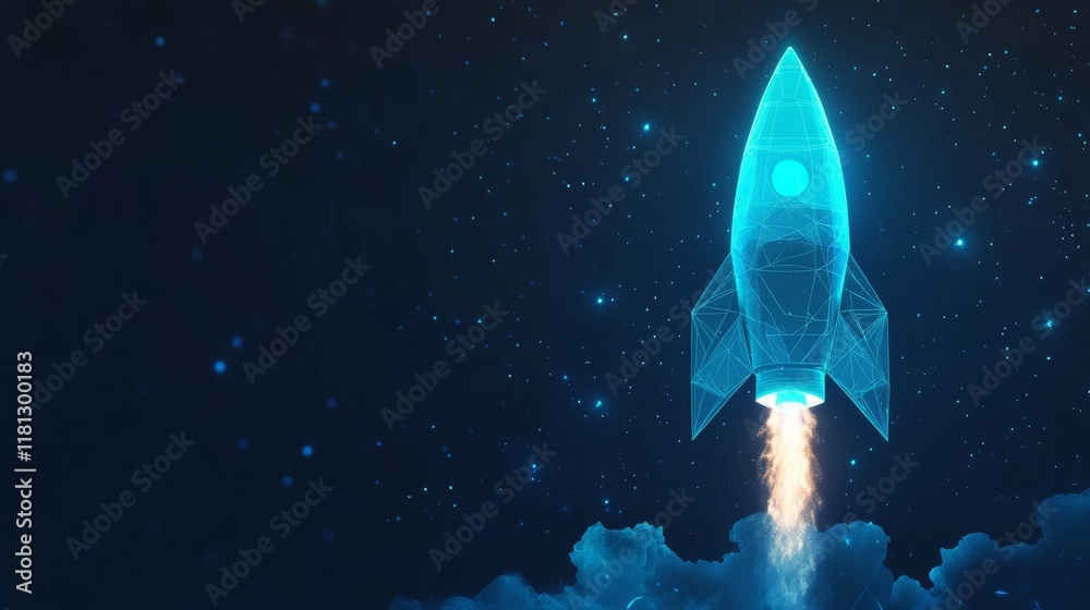 Wall mural a blue rocket soaring into the vast expanse of space, a polygon mesh with connecting dots and lines 