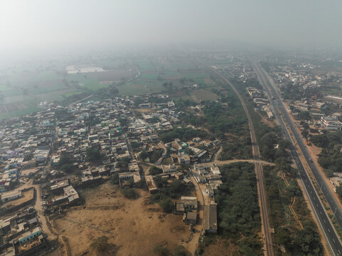 Aerial view of beautiful urban landscape with buildings and roads, Gurki Mandi, Fatehpur Sikri, India.