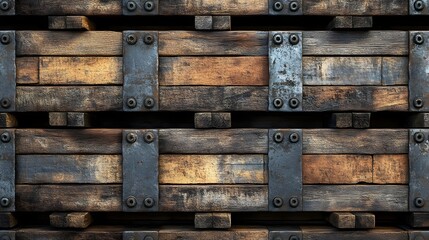 A seamless pattern of old wooden pallets stacked in a warehouse. 
