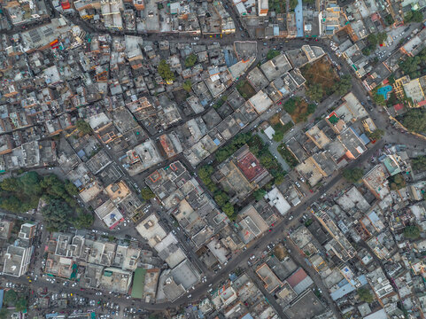 Aerial view of densely populated urban landscape with buildings and roads, Subhash Nagar, Jaipur, India.
