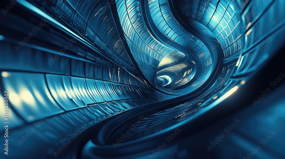 Poster Explore a striking digital landscape showcasing a dynamic flow of glowing lines and abstract patterns in deep blue tones, representing the essence of modern technology an