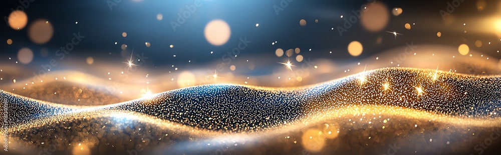 Poster stunning abstract background featuring golden and blue waves of shimmering particles, creating a mes