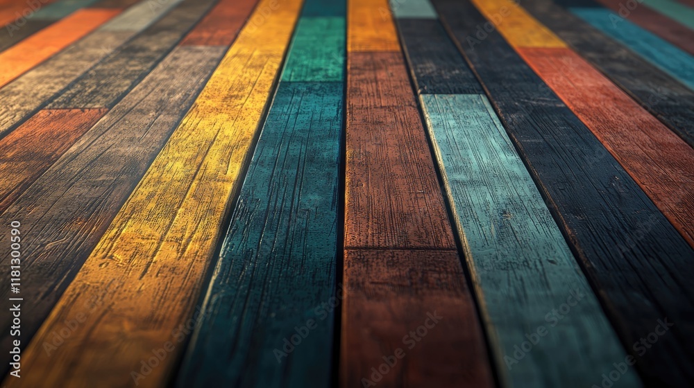 Poster Discover a visually striking background featuring colorful wooden planks with a rustic appeal. Perfect for creative projects or interior design inspiration.